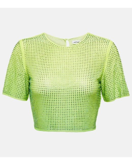 Self-Portrait Green Crystal-Embellished Crop Top