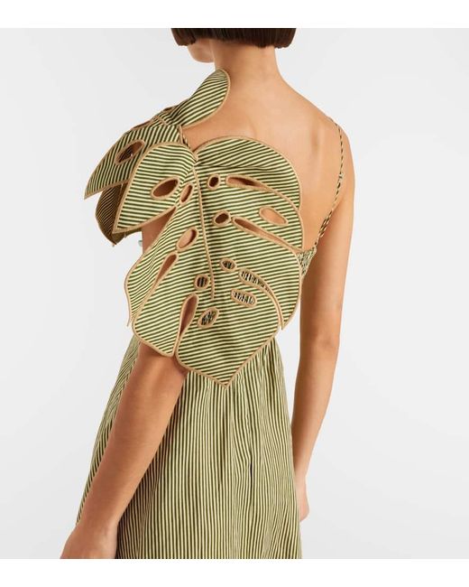 FARM Rio Women's Green Striped Monstera Linen Midi Dress - coffeafoods.com