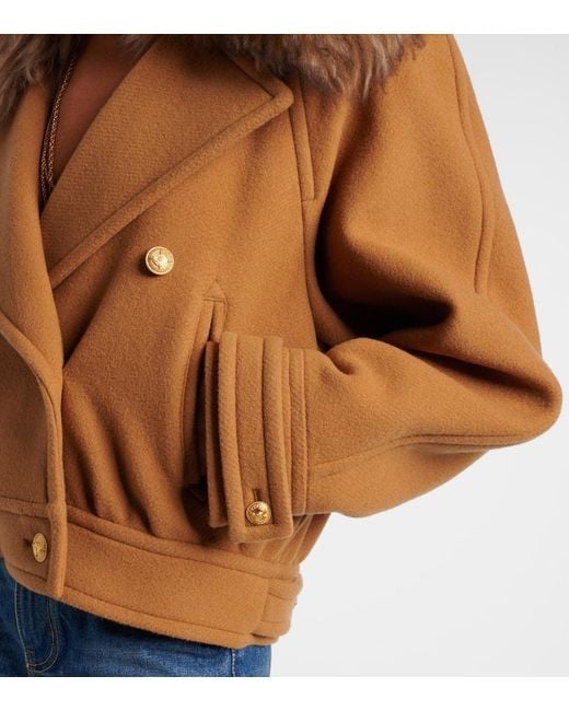 Chloé Brown Cropped Shearling-Trimmed Wool-Blend Coat