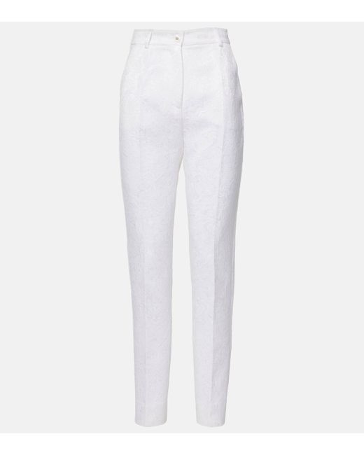 Dolce & Gabbana White Cotton-Blend Brocade Slim Pants