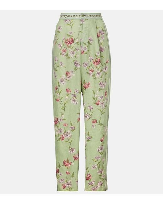 Agua Bendita Green Florecer Honeysuckle Linen Wide-Leg Pants