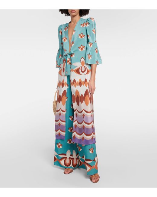 Robe longue Vintage en soie a imprime Adriana Degreas en coloris Blue