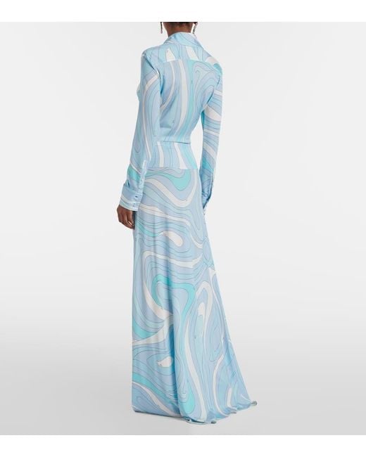 Emilio Pucci Blue Marmo High-Rise Satin Jersey Maxi Skirt