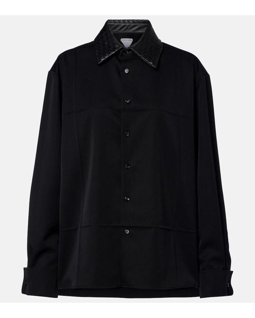 Bottega Veneta Black Intrecciato Leather-Trimmed Wool Shirt