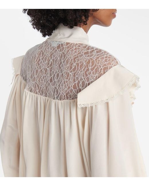 Stella McCartney Natural Bow-Detail Lace-Trimmed Silk Blouse