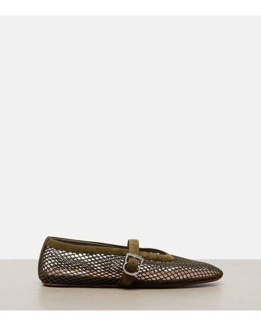 Alaïa Brown Fishnet Suede-Trimmed Mary Jane Flats
