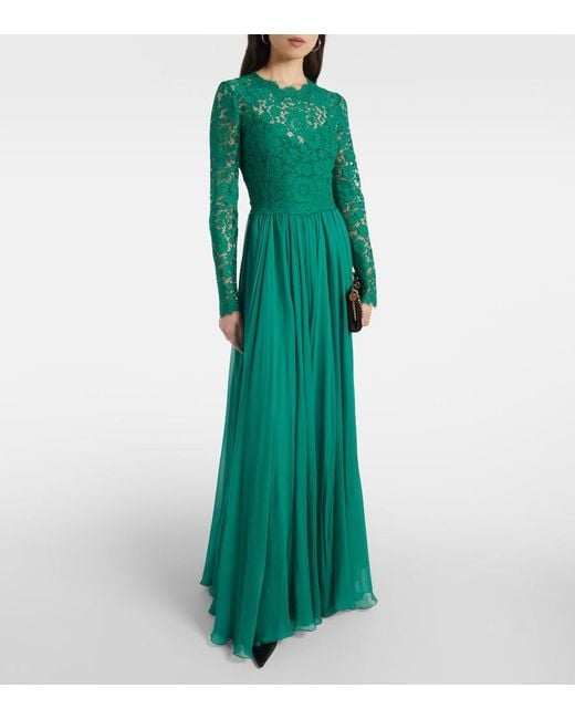 Dolce & Gabbana Green Dolce & Gabbana Long Chiffon And Lace Dress