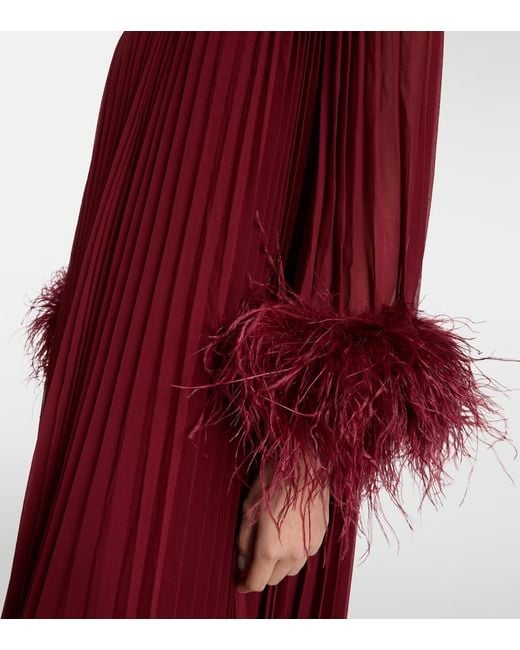 Self-Portrait Red Ostrich Feather-Trim Maxi Dress