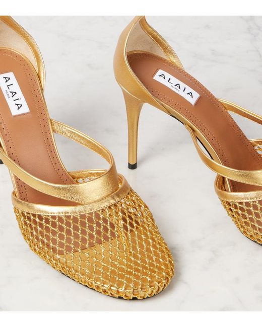 Alaïa Metallic Infradito Fishnet 90 Leather Pumps