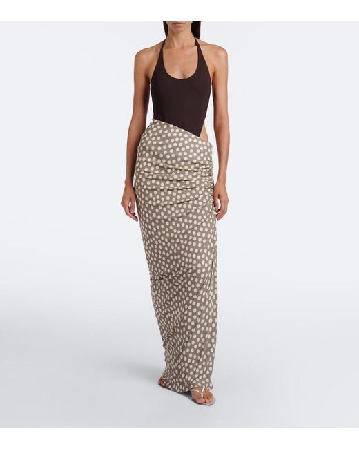 Alaïa Natural Gathered Polka-Dot Jersey Maxi Skirt