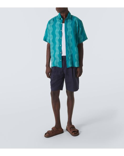 Frescobol Carioca Blue Striped Linen Bowling Shirt for men