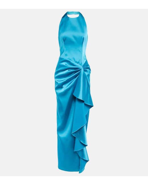 Rasario Blue Halterneck Draped Satin Gown