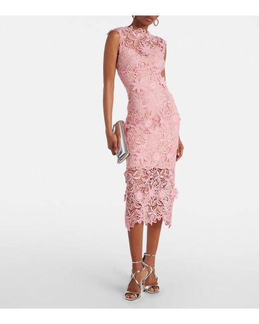 Monique Lhuillier Pink Floral Lace Guipure Midi Dress