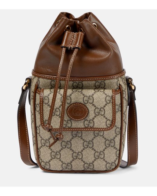 Gucci Brown GG Supreme Mini Leather-trimmed Bucket Bag