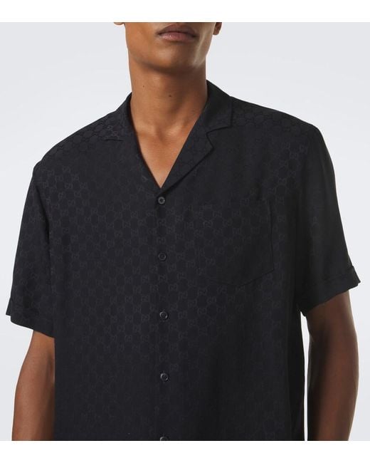 Gucci Black Gg Jacquard Silk Bowling Shirt for men