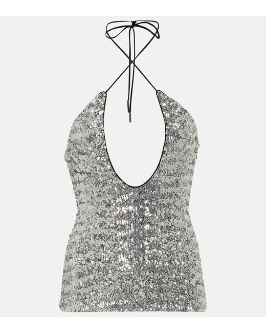 The Attico Gray Alix Sequined Tulle Halter Neck Top