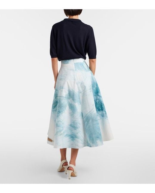 Oscar de la Renta Blue Printed Cotton-Blend Poplin Midi Skirt