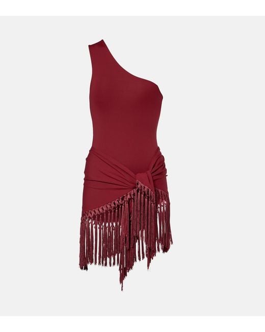 Taller Marmo Red One-Shoulder Swimsuit And Beach Cover-Up Set
