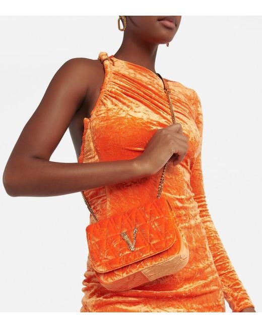 Versace Orange Virtus Small Velvet Shoulder Bag