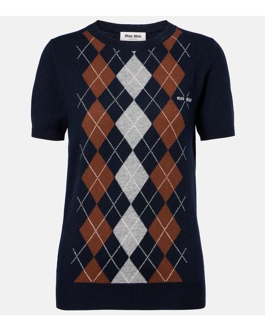 Miu Miu Blue Argyle Knitted Cashmere Top