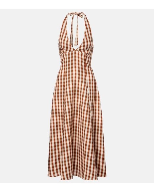 Faithfull The Brand Metallic Marais Gingham Halterneck Linen Midi Dress