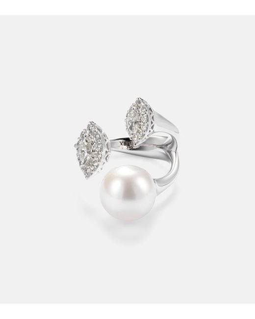 YEPREM White Pearlescent 18Kt Ring With Diamonds And Pearl