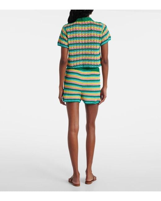 Anna Kosturova Green Striped Crochet Cotton Polo Shirt