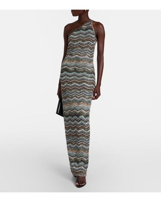 Missoni Gray Zigzag One-Shoulder Lame Maxi Dress