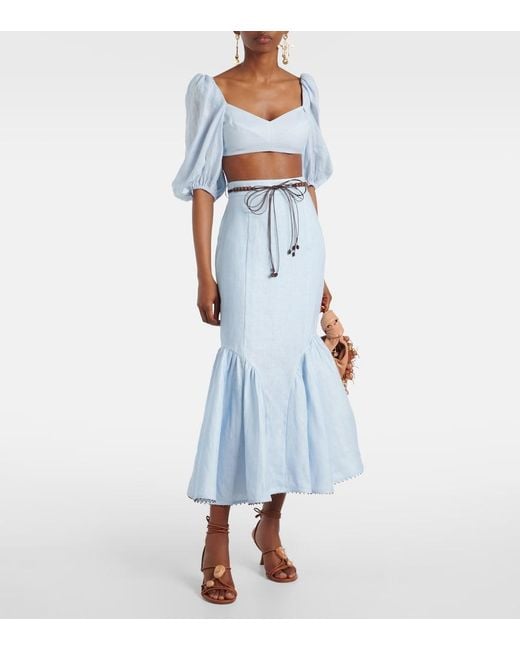 Zimmermann Blue Rhiannon Puff-Sleeve Linen Crop Top