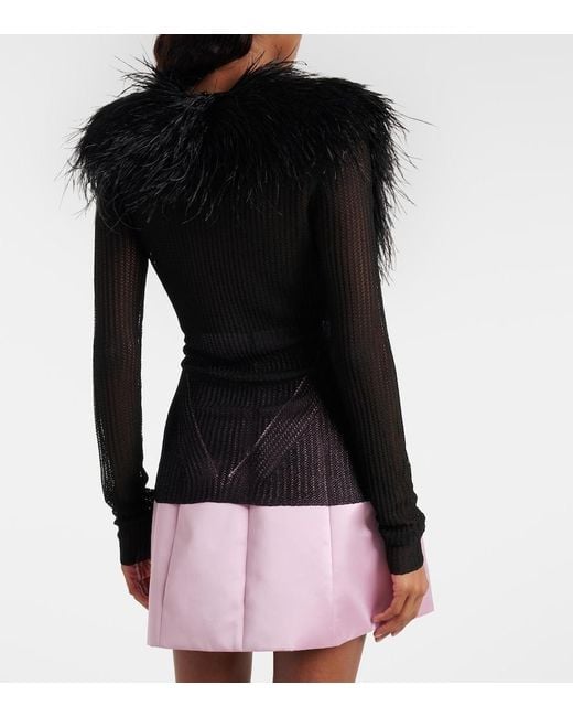 Blumarine Black Feather-Trimmed Ribbed-Knit Cardigan