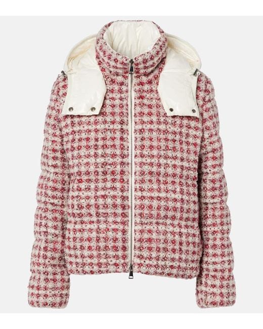 Moncler Red Andronne Checked Tweed Down Jacket