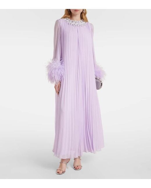 Self-Portrait Purple Feather-Trimmed Plisse Chiffon Midi Dress