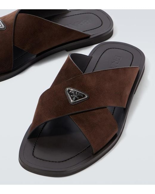 Prada Brown Logo Suede And Leather Sandals for men