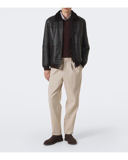 Kiton Black Shearling-Trimmed Leather Bomber Jacket for men