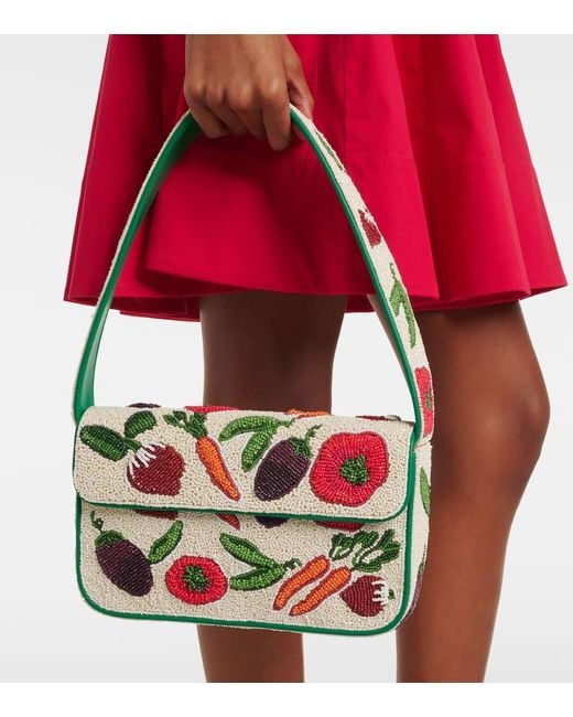 Staud Red Tommy Small Beaded Shoulder Bag
