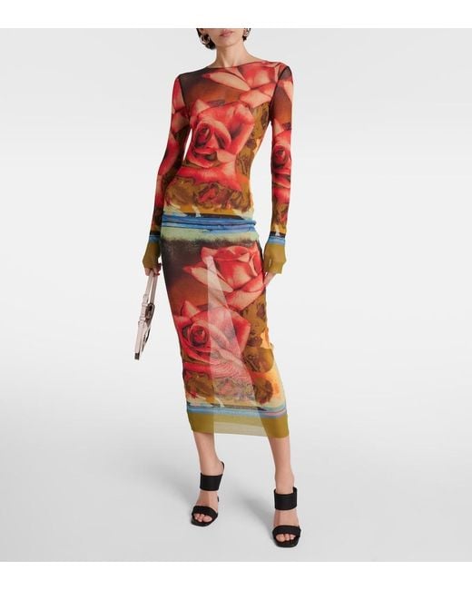 Jean Paul Gaultier Red Roses Printed Tulle Midi Dress