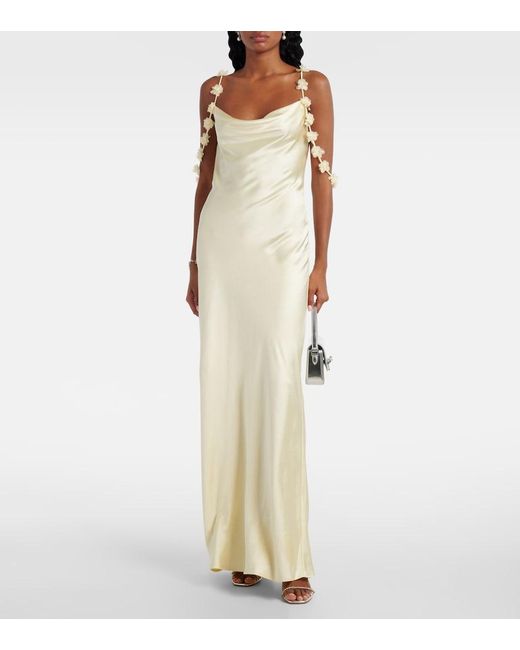 Self-Portrait White Floral-Applique Satin Maxi Dress