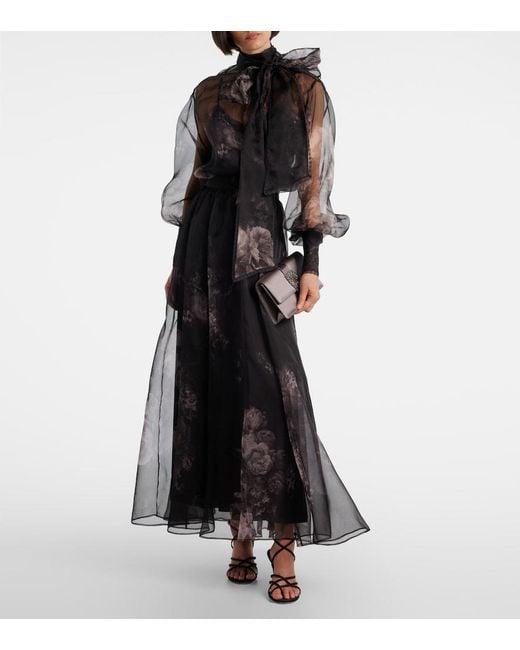 Zimmermann Black Hypnotic Floral Silk Organza Maxi Skirt