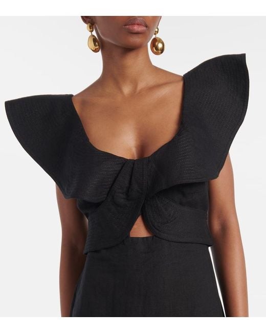 Johanna Ortiz Black Ruffled Midi Dress