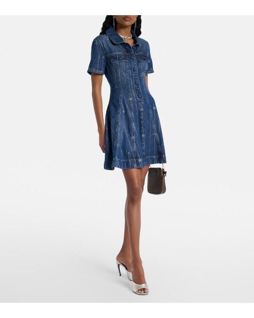 Self-Portrait Blue Embellished Pleated Denim Minidress