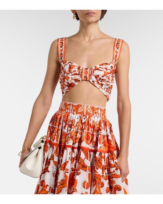 Dolce & Gabbana Red Majolica Cotton Poplin Crop Top