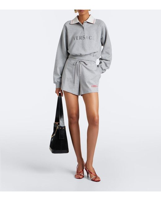 Versace Gray Cropped Cotton Jersey Polo Shirt