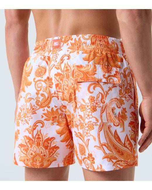 Etro Orange Paisley Swim Trunks for men