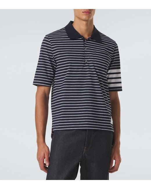 Thom Browne Blue 4-Bar Striped Cotton Polo Shirt for men