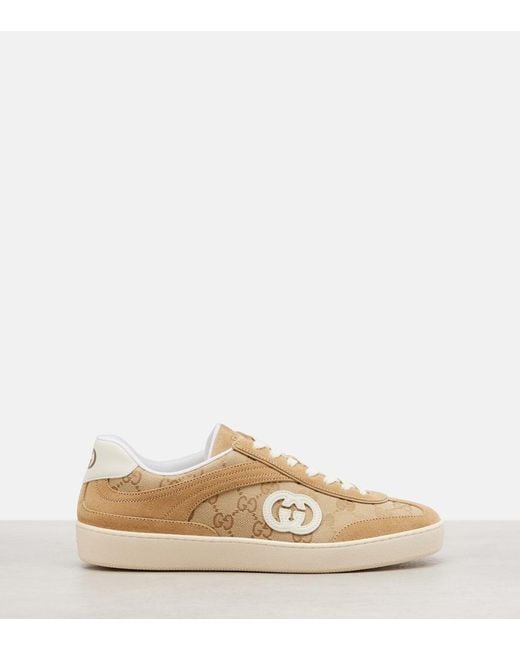 Gucci Natural G75 Gg Canvas Suede-Trimmed Sneakers
