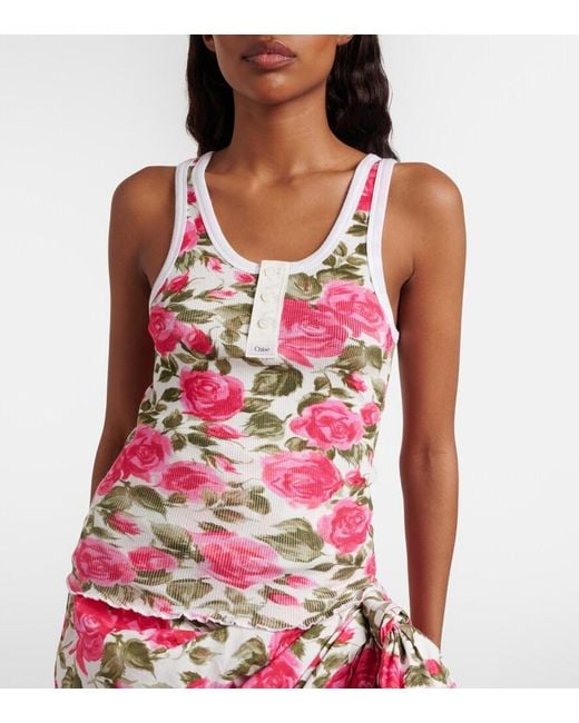 Chloé Pink Floral Ribbed Cotton-Blend Tank Top