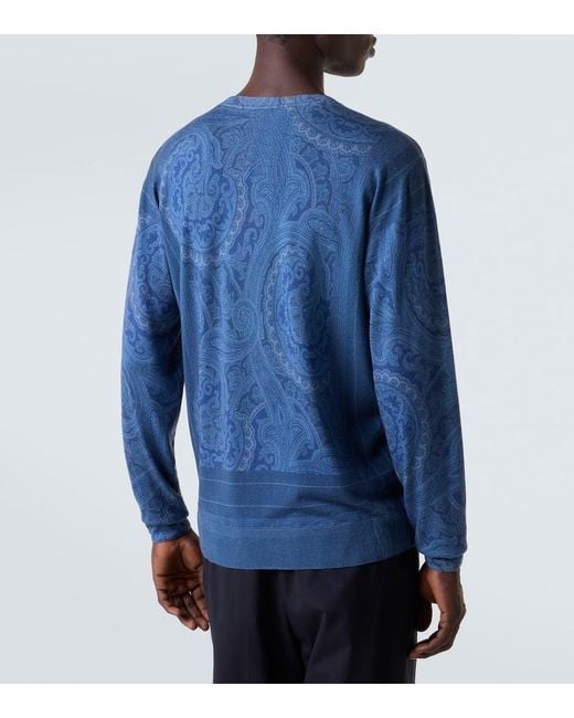 Etro Blue Paisley Silk And Cashmere Sweater for men