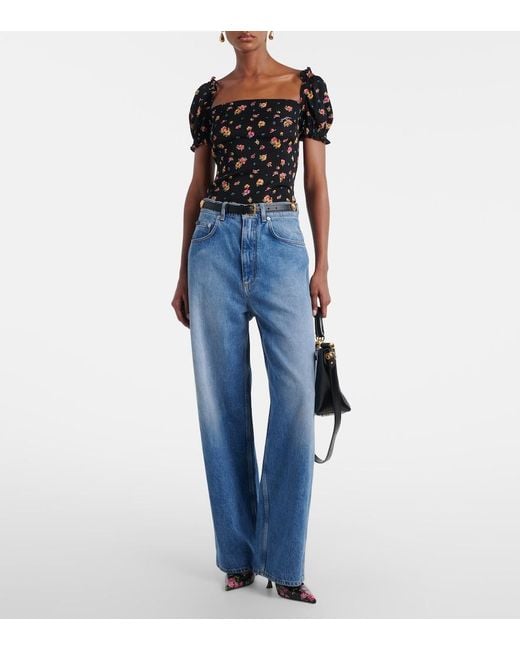 Dolce & Gabbana Black Floral Silk-Blend Charmeuse Top