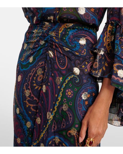 Falda Larga De Seda Con Paisley Y Volantes Etro de color Blue