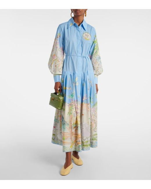 ALÉMAIS Blue Anouk Printed Cotton Midi Shirt Dress